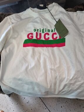 Gucci White Sweatshirt with Green and Pink Stripe Logo